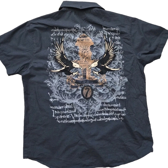 Vintage Code 7 Mens Button-up Casual Black Velvet Eagle Biker Rock Retro Sz L - Picture 2 of 12